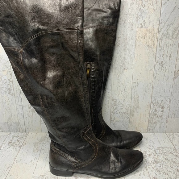 Mally Tall Riding Boots Women Size 41 Brown Leather Closed Toe Low Heel Side Zip - Picture 1 of 7